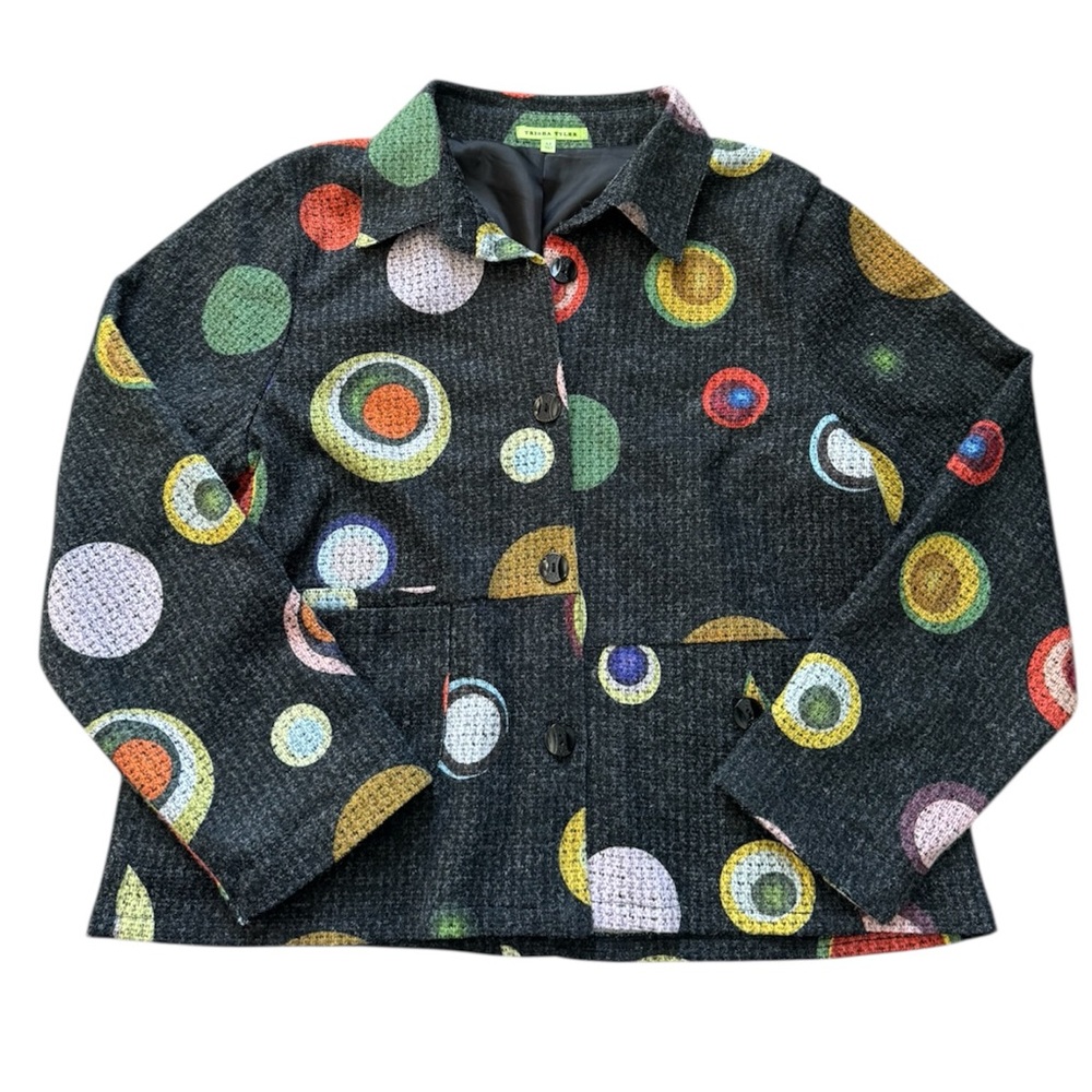 Trisha Tyler Gray Colorful Polka Dot Blouse M